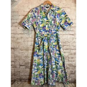 Studio Park Shirt Dress Womens XS Hawaii Vacation Printed Full Button Front Midi